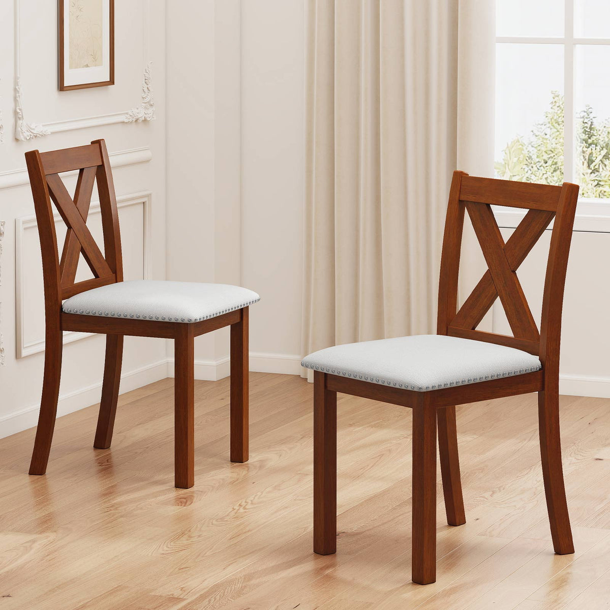 Wooden Dining Chair Set of 2, Padded Seat, Curved Back – Beige