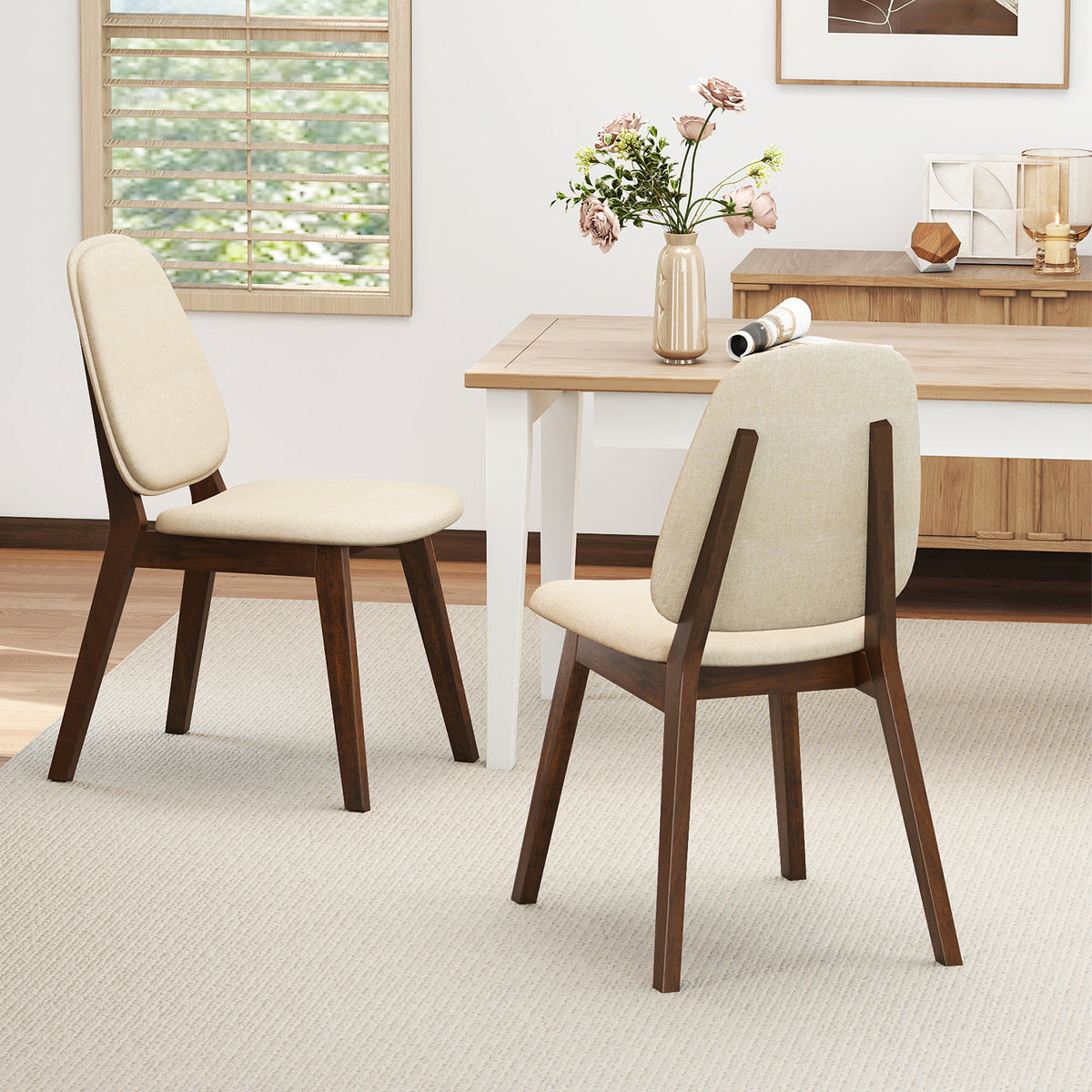Wooden Dining Chair Set of 2 Mid-Century Modern Upholstered – Brown