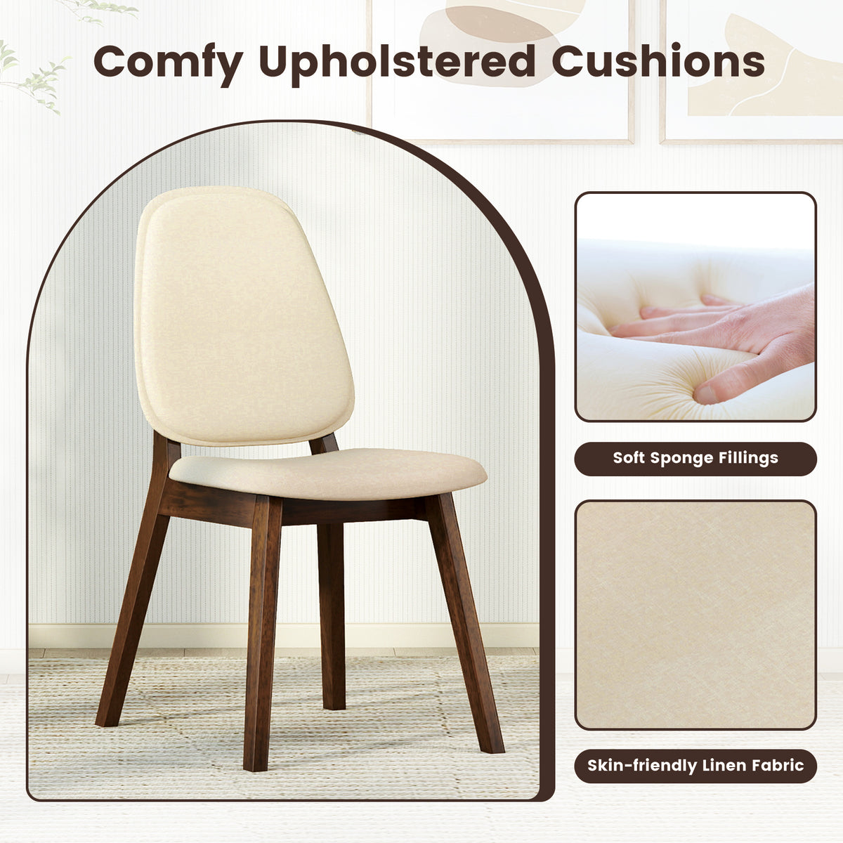 Wooden Dining Chair Set of 2 Mid-Century Modern Upholstered – Brown