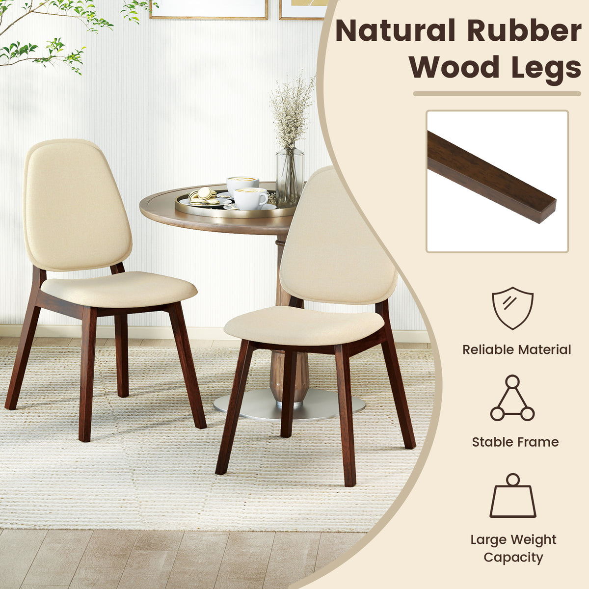 Wooden Dining Chair Set of 2 Mid-Century Modern Upholstered – Brown