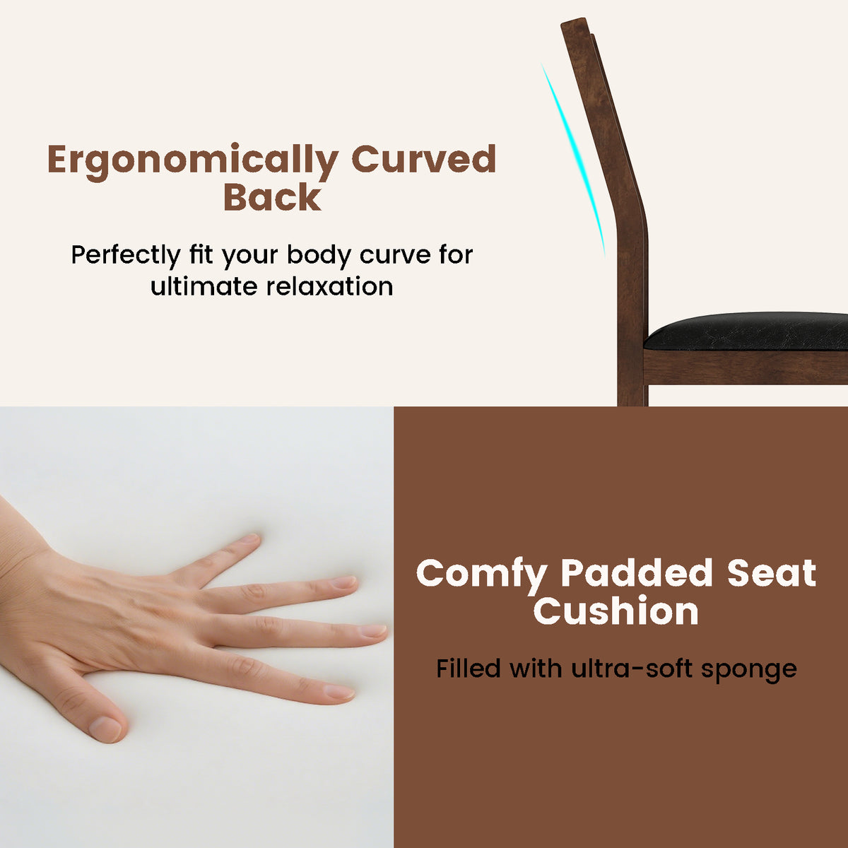 Wooden Dining Chair Set of 2, PU Leather Padded Seat - Black