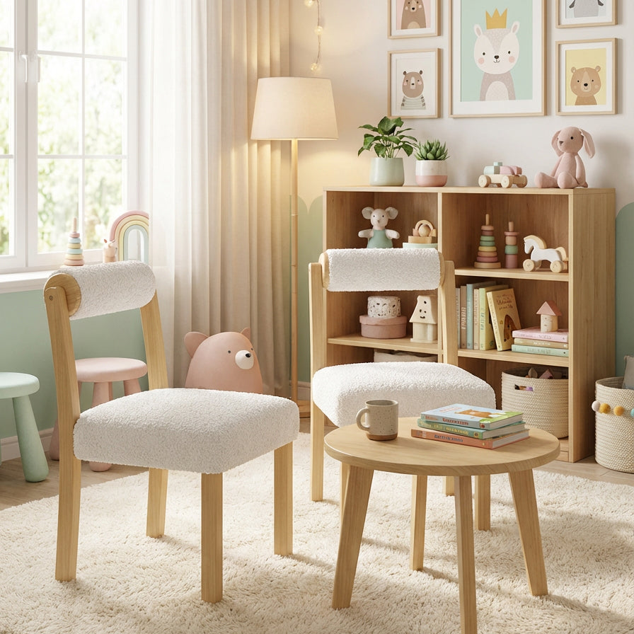 Wooden Dining Chair Set of 2, White Faux Sherpa