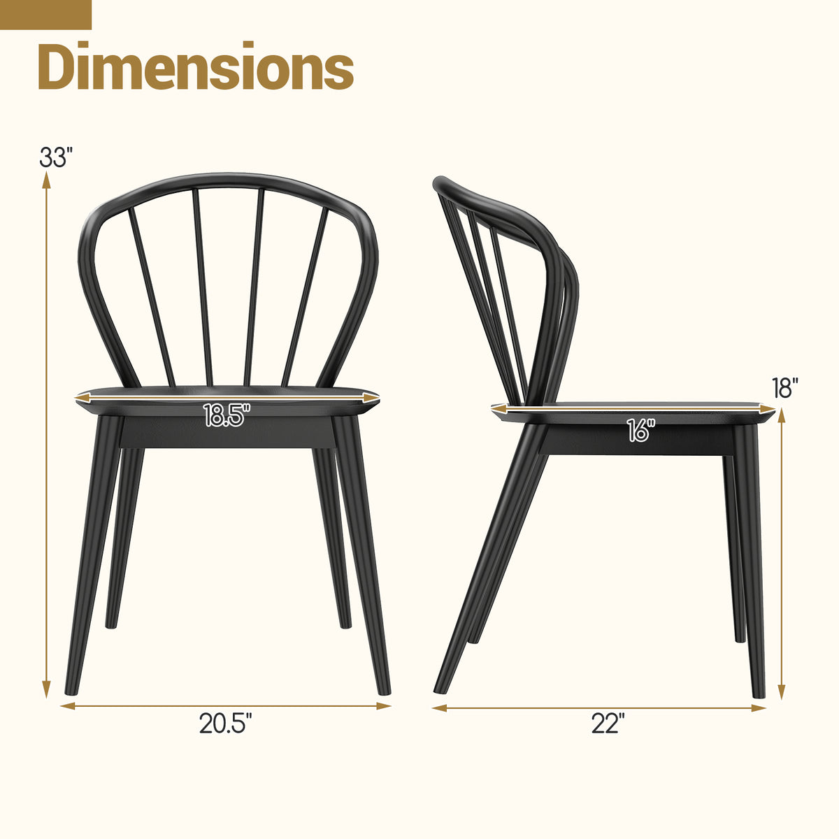 Wooden Dining Chair Set of 2 - Curved Backrest, Black