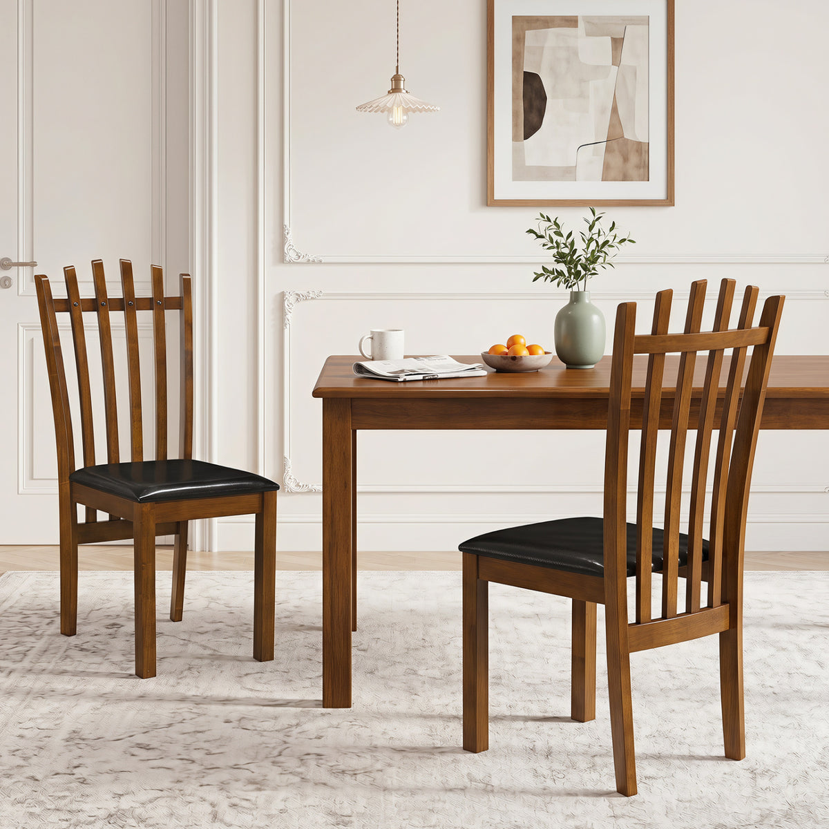 Wooden Dining Chair Set of 2, Black - PU Leather Seat