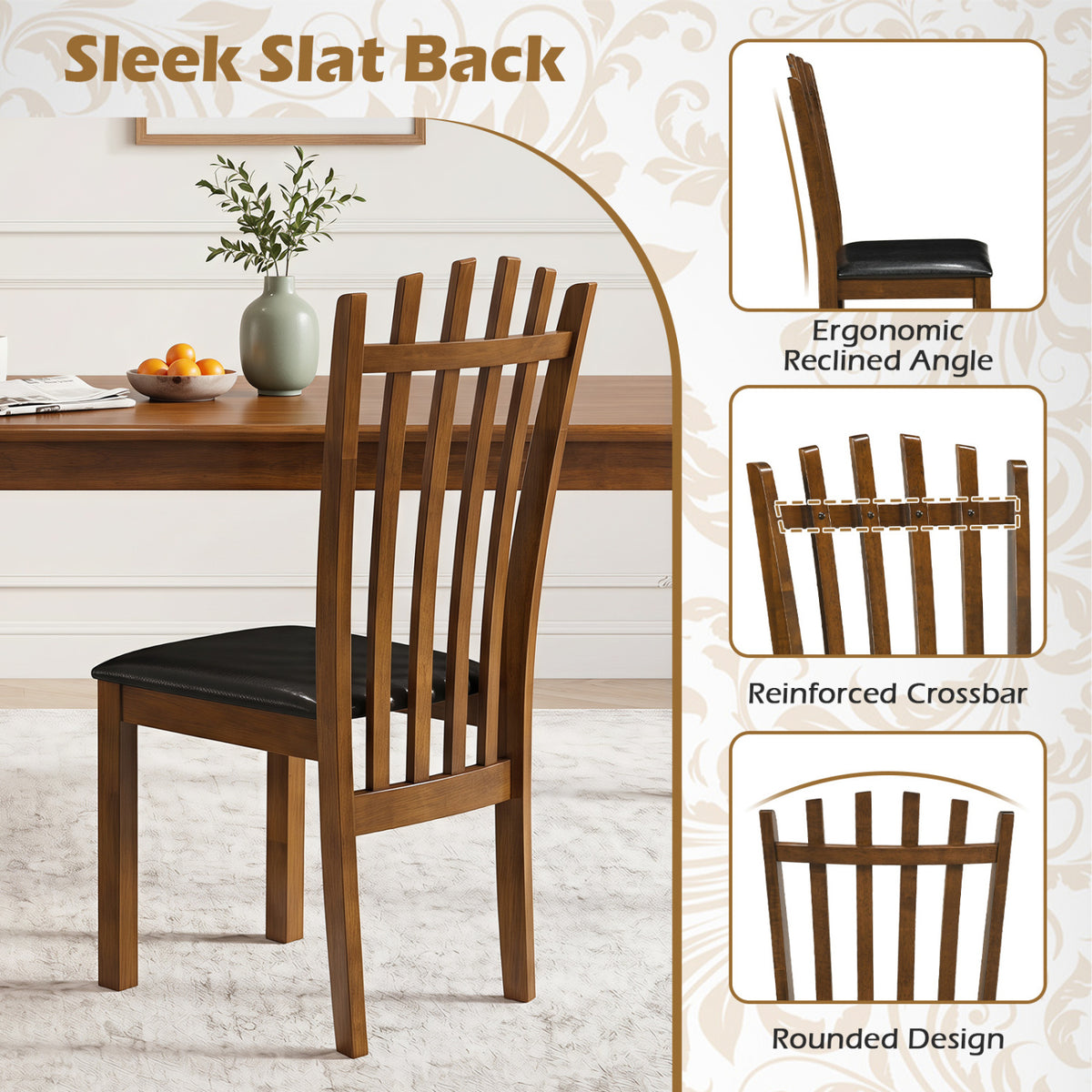 Wooden Dining Chair Set of 2, Black - PU Leather Seat