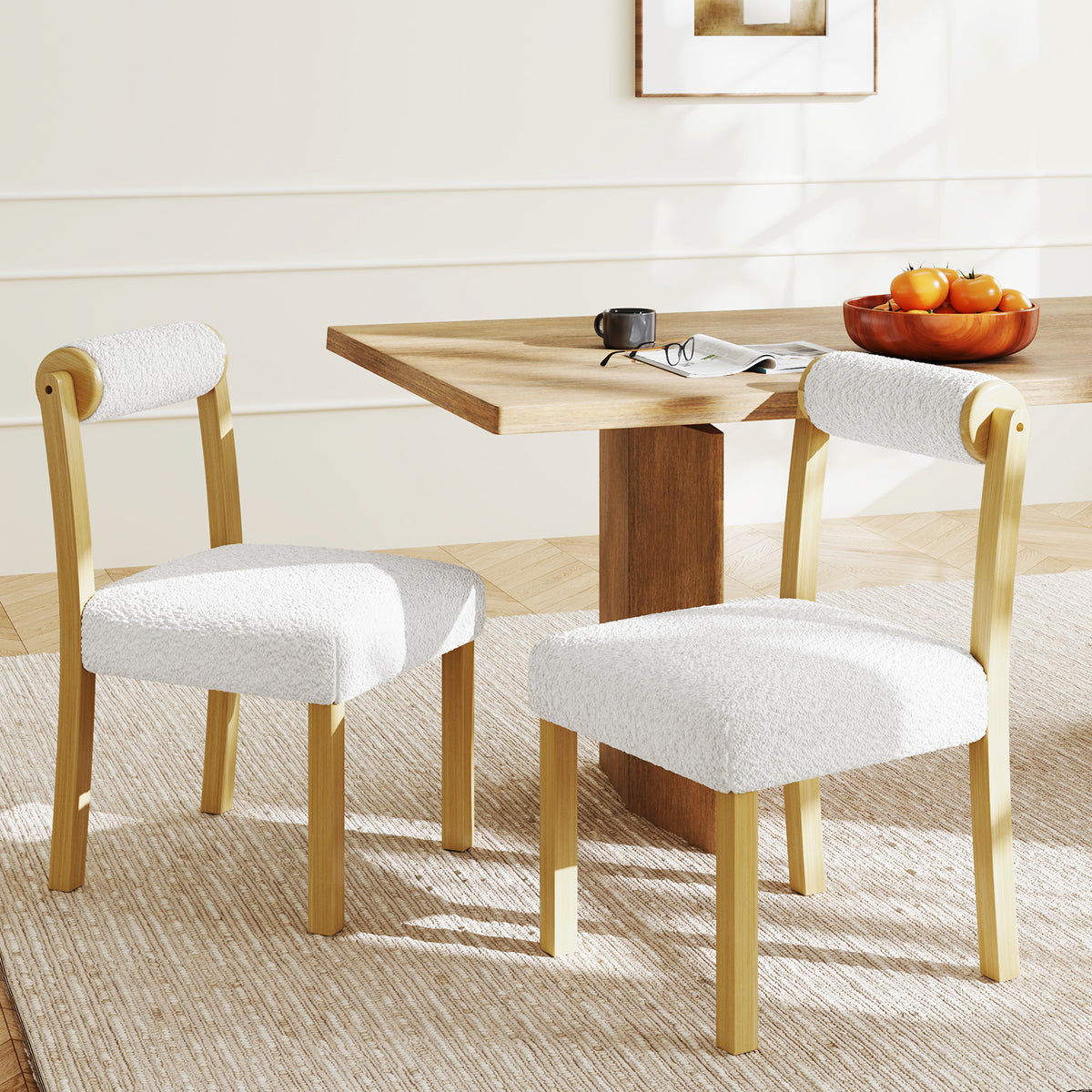 Wooden Dining Chair Set of 2, White Faux Sherpa