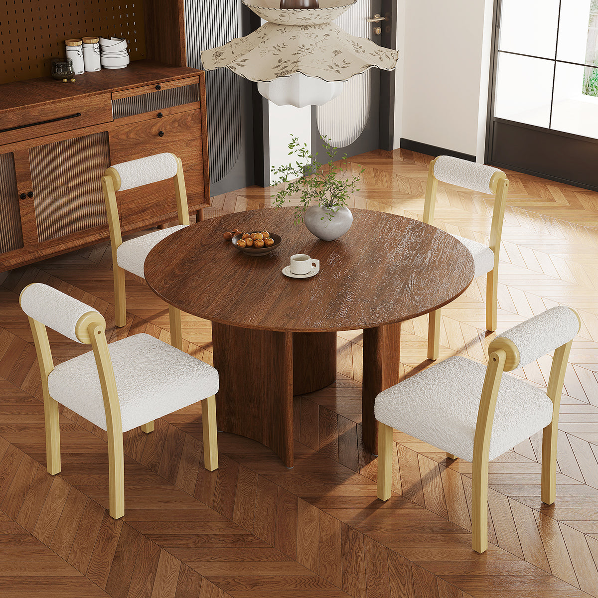 Wooden Dining Chair Set of 2 - White Faux Sherpa