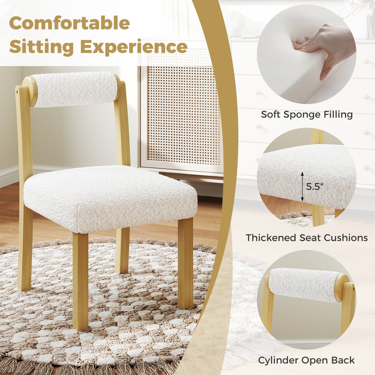 Wooden Dining Chair Set of 2 - White Faux Sherpa