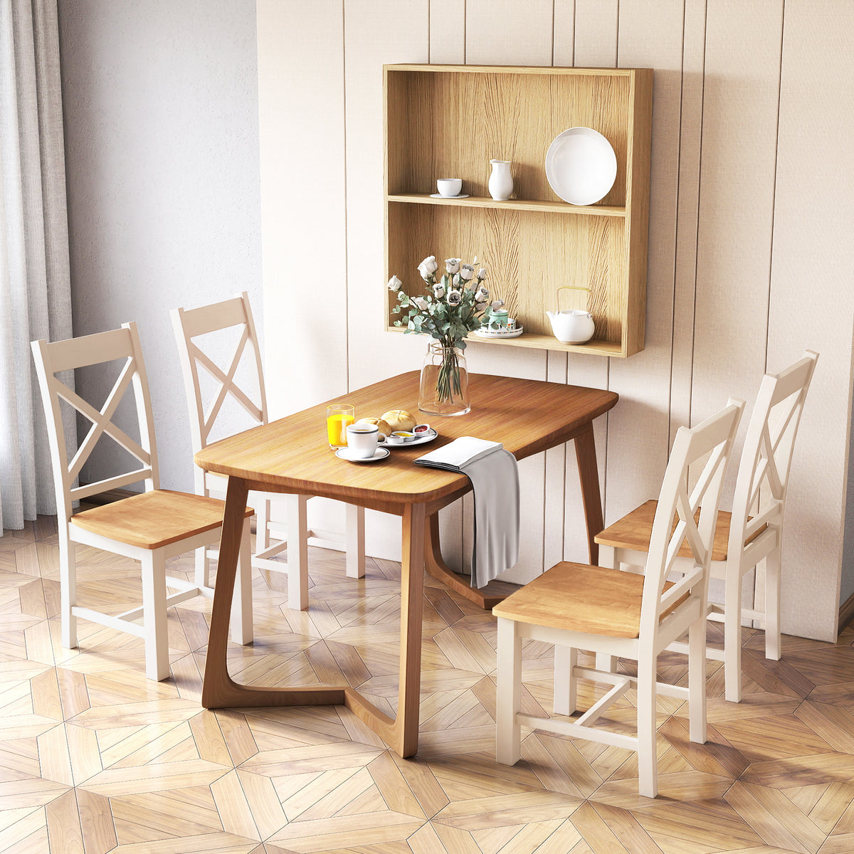 Wooden Dining Chairs Set of 2, High Back, Natural