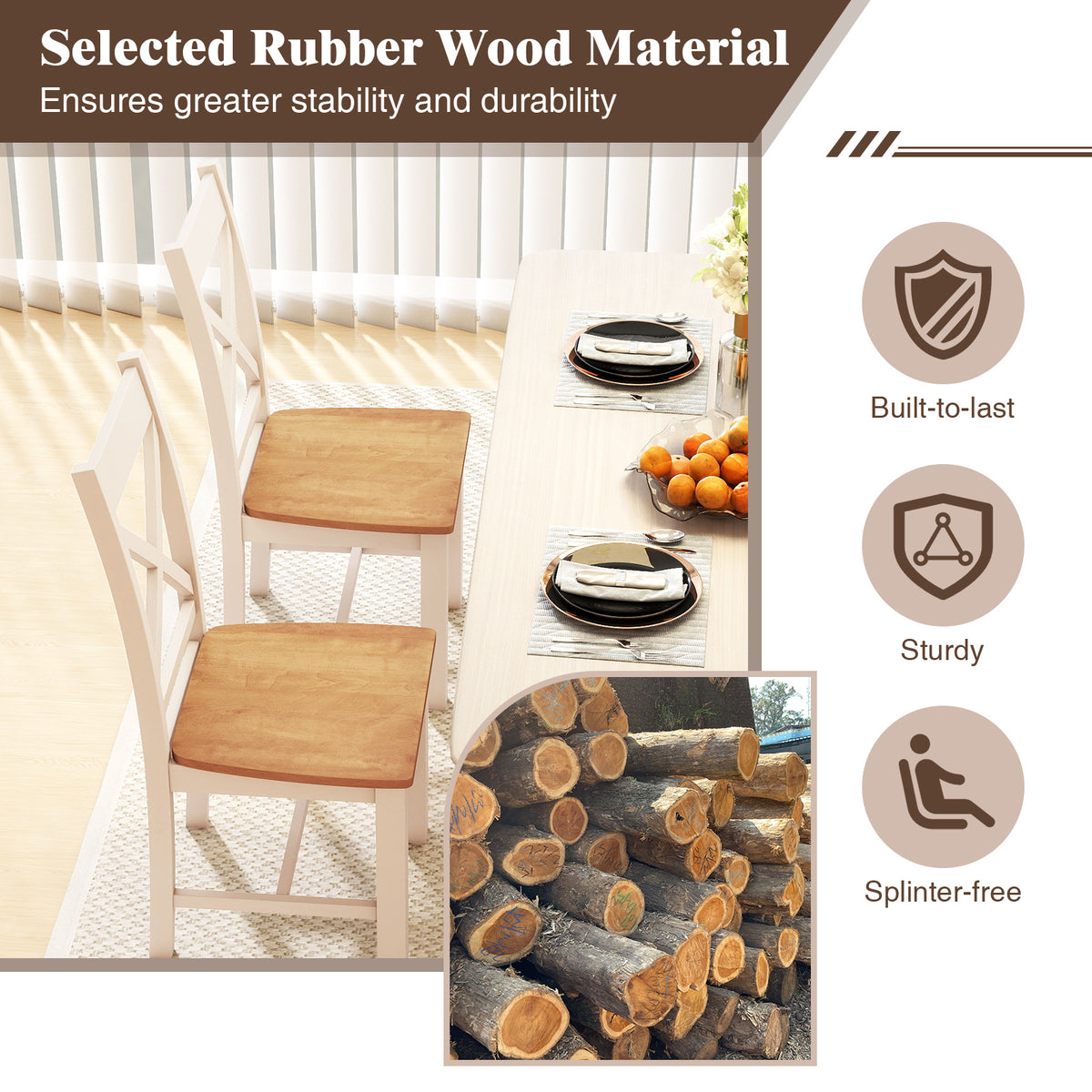 Wooden Dining Chairs Set of 2, High Back, Natural