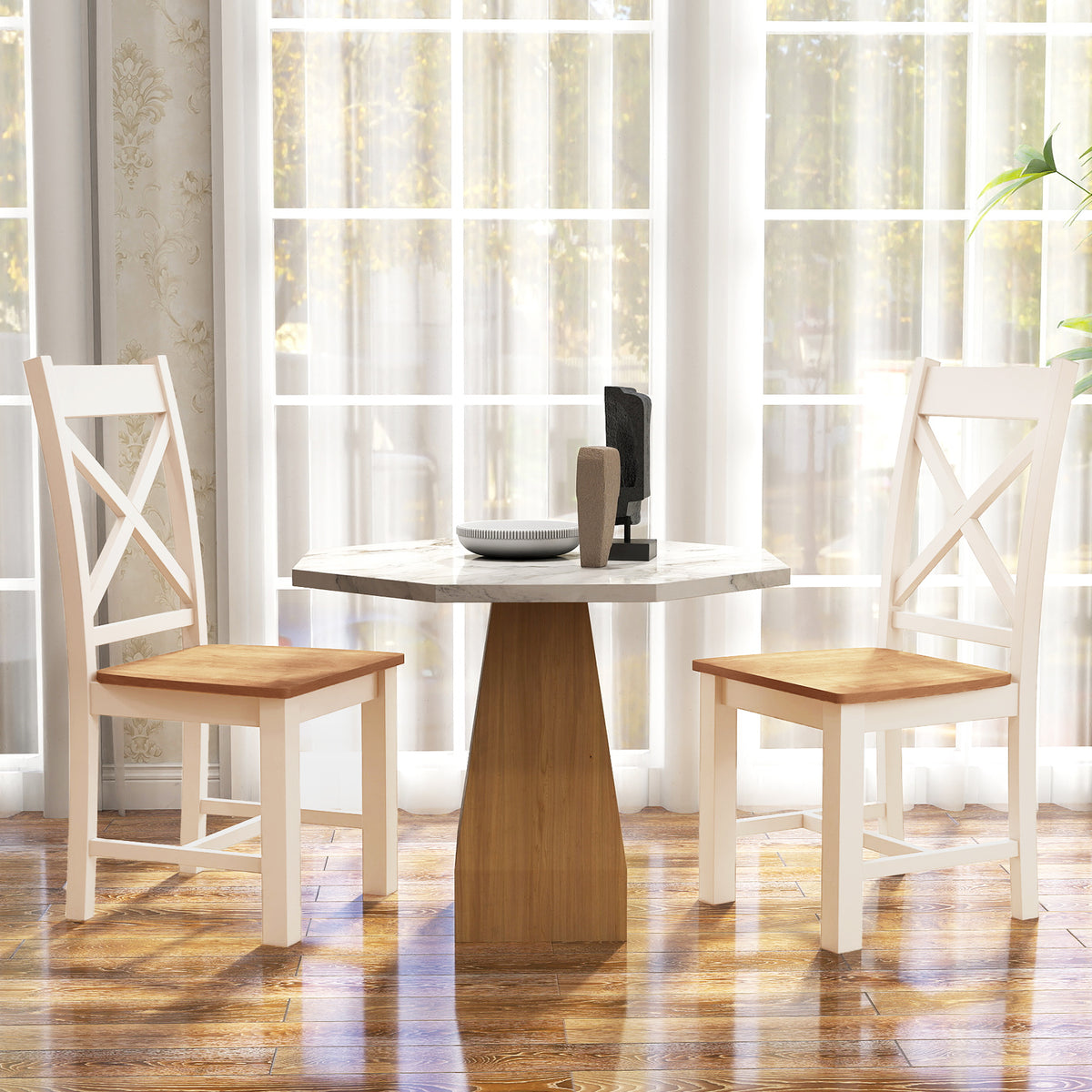 Wooden Dining Chairs Set of 2, High Back, Natural