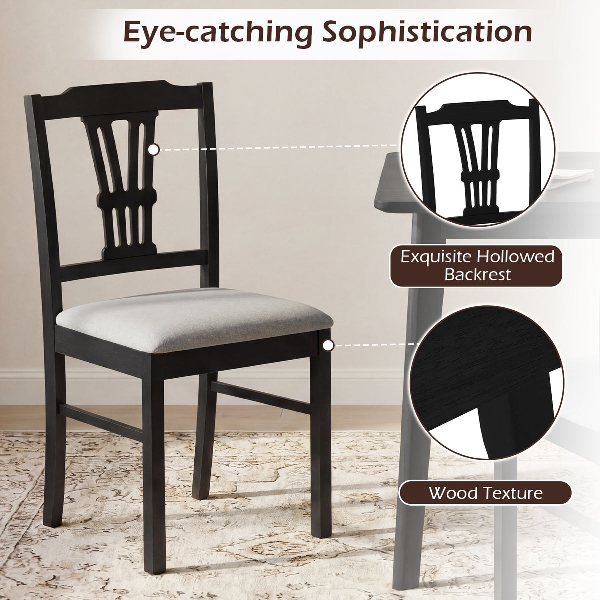 Wooden Dining Chairs Set of 2 Upholstered - Black-Subtle Pattern