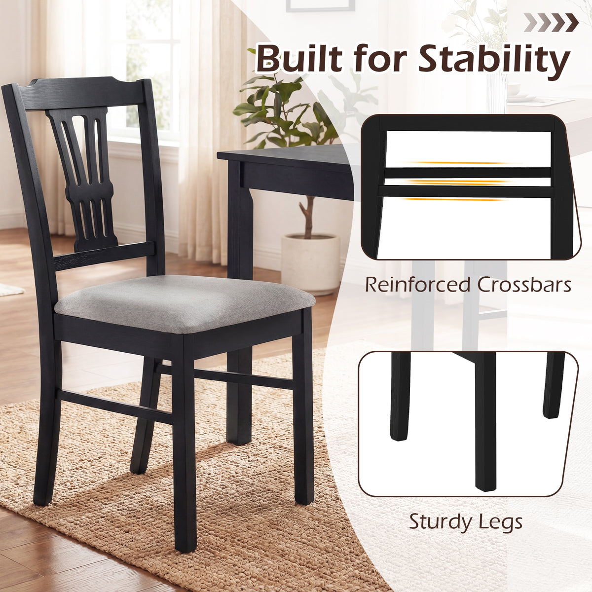Wooden Dining Chairs Set of 2 Upholstered - Black-Subtle Pattern