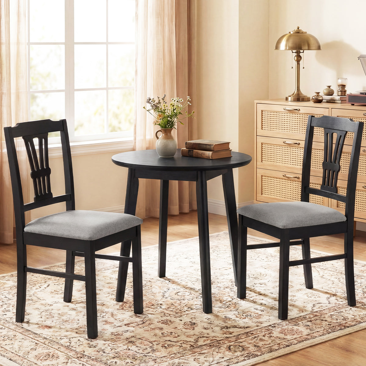 Wooden Dining Chairs Set of 2 Upholstered - Black-Subtle Pattern