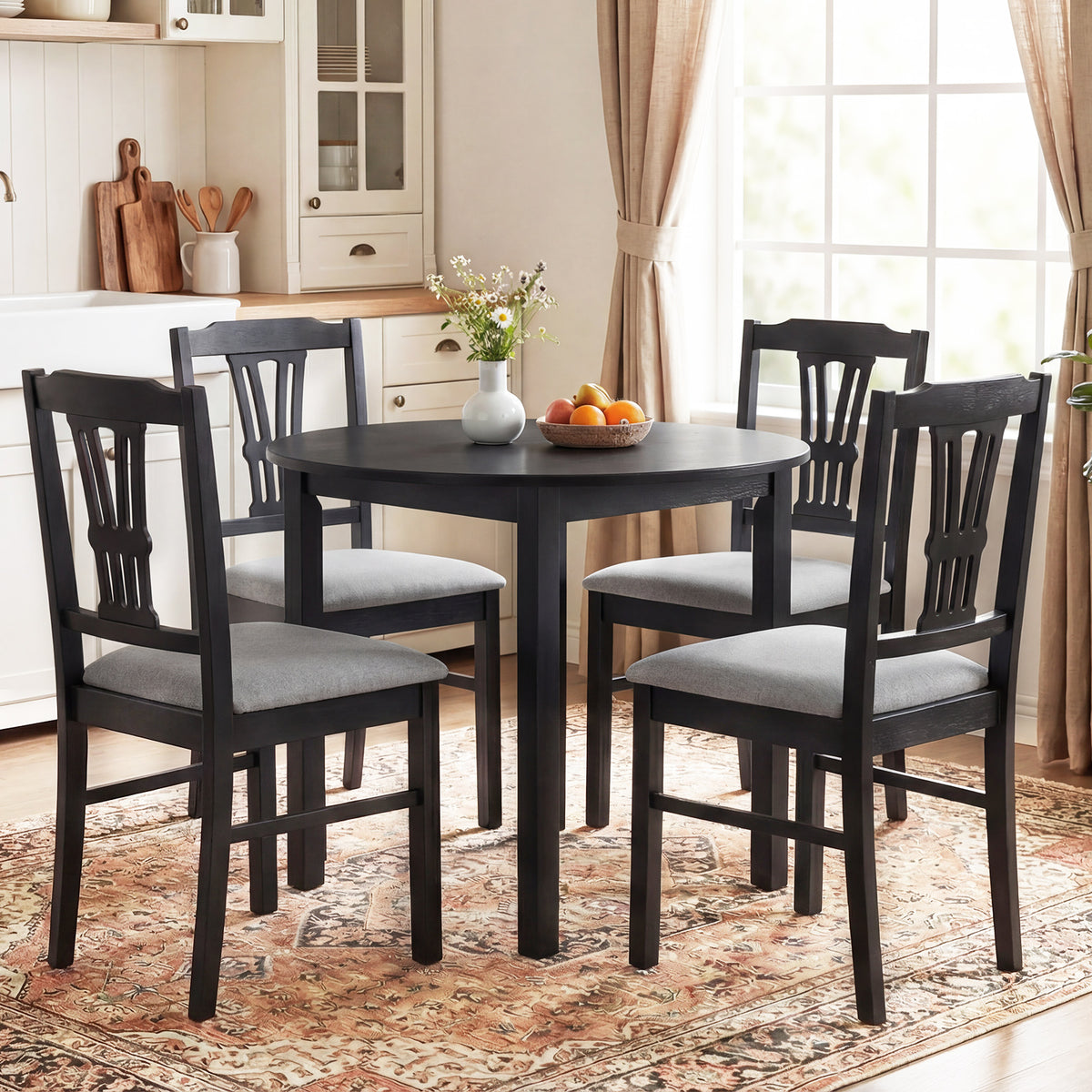 Wooden Dining Chairs Set of 2 Upholstered - Black-Subtle Pattern