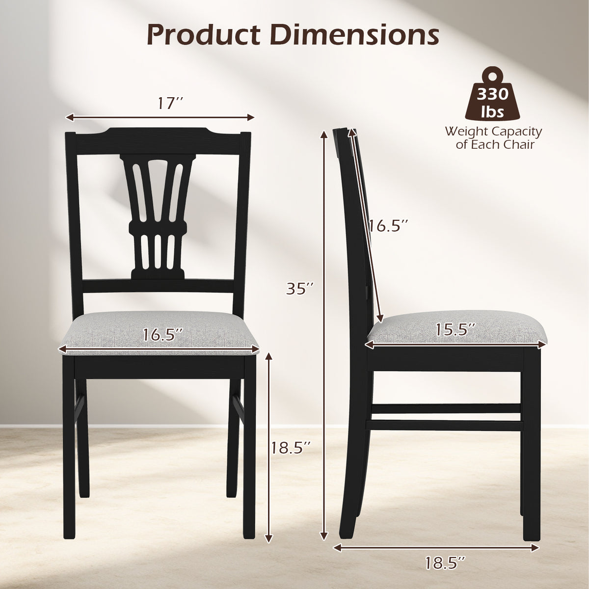 Wooden Dining Chairs Set of 2 Upholstered - Black-Subtle Pattern
