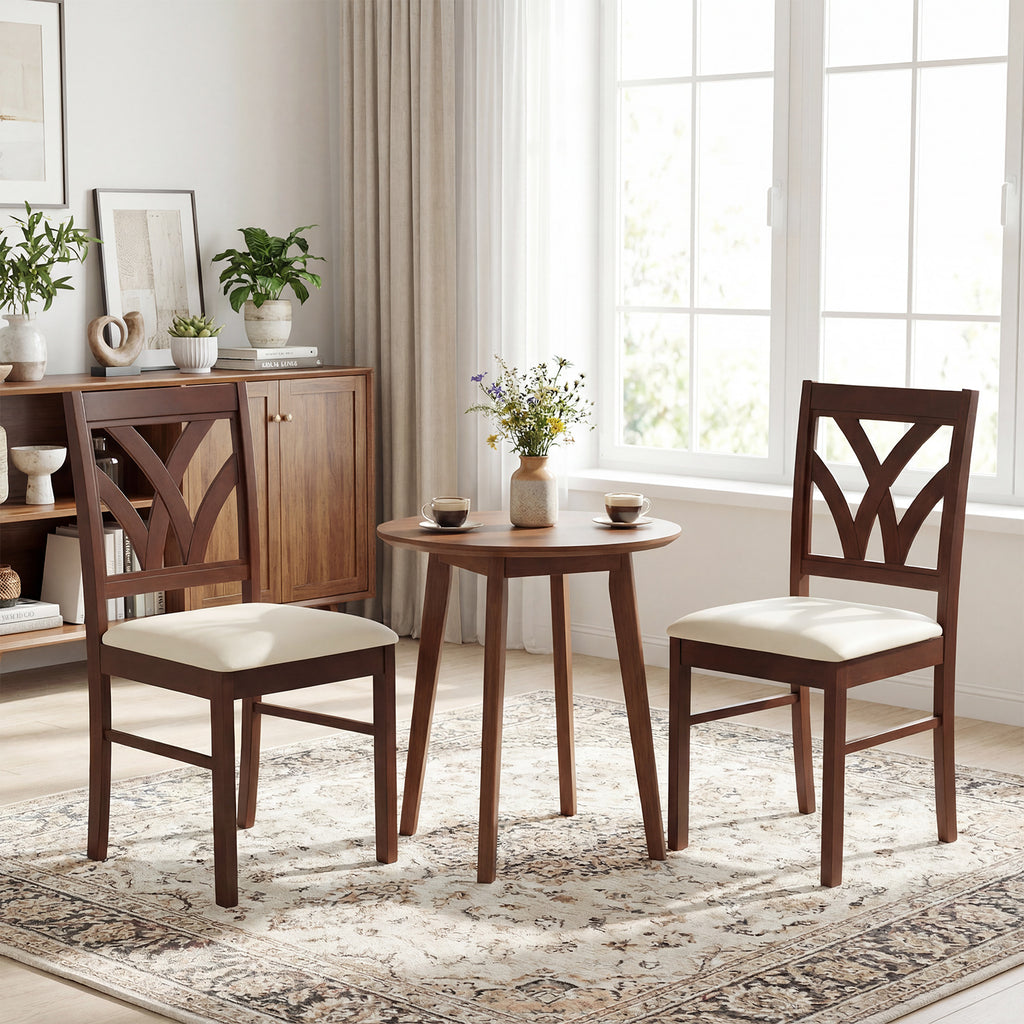 Set of 2 Wooden Dining Chairs Upholstered Padded Seat - Walnut-Wave Pattern, Oak