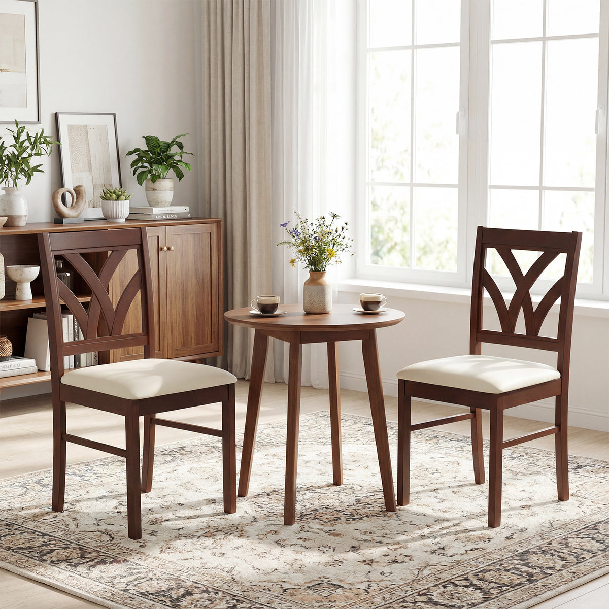 Set of 2 Wooden Dining Chairs Upholstered Padded Seat - Walnut-Wave Pattern, Oak