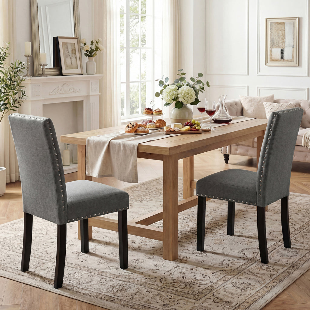 Wooden Dining Chairs Set of 2, Liner Fabric with Bent Wood Legs