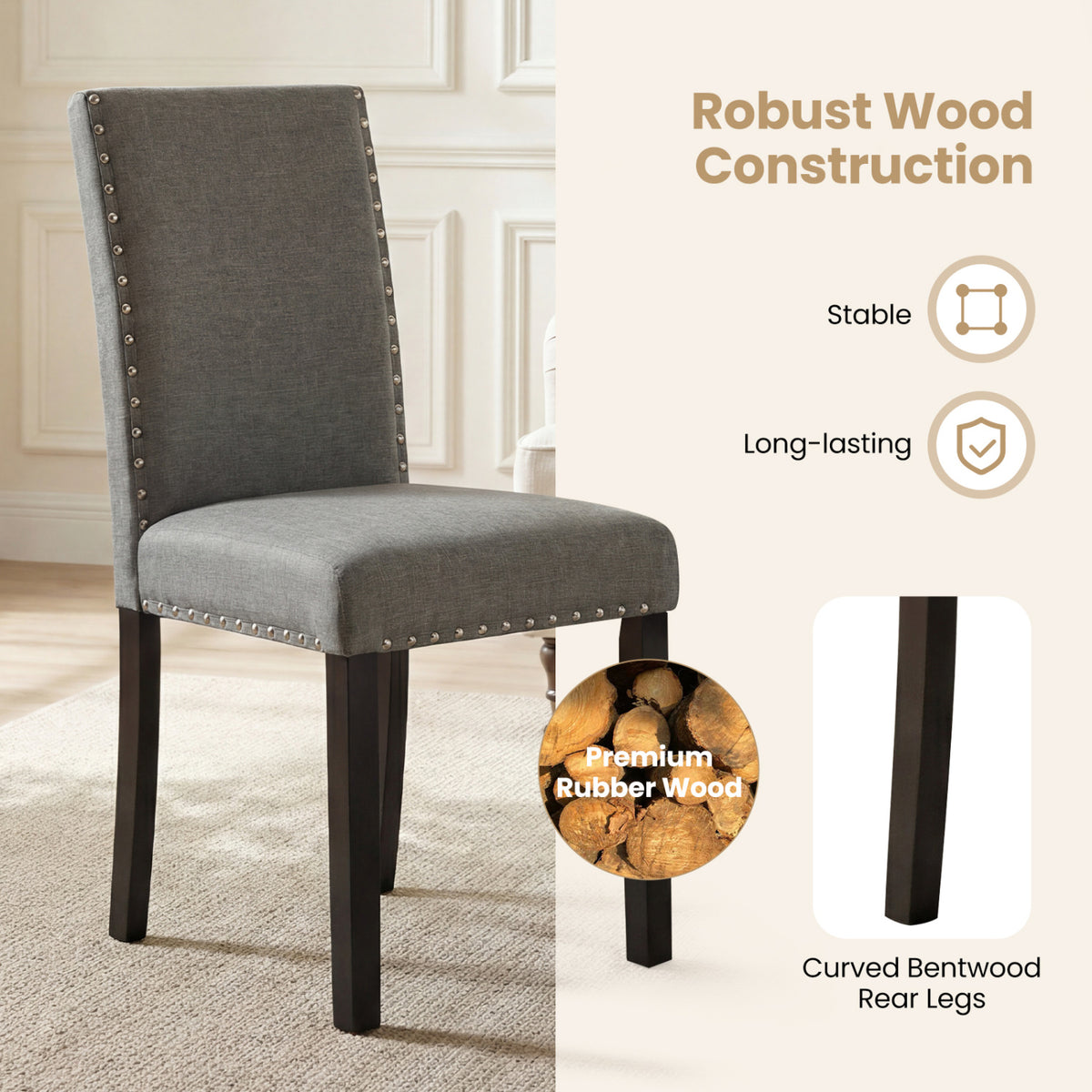 Wooden Dining Chairs Set of 2, Liner Fabric with Bent Wood Legs