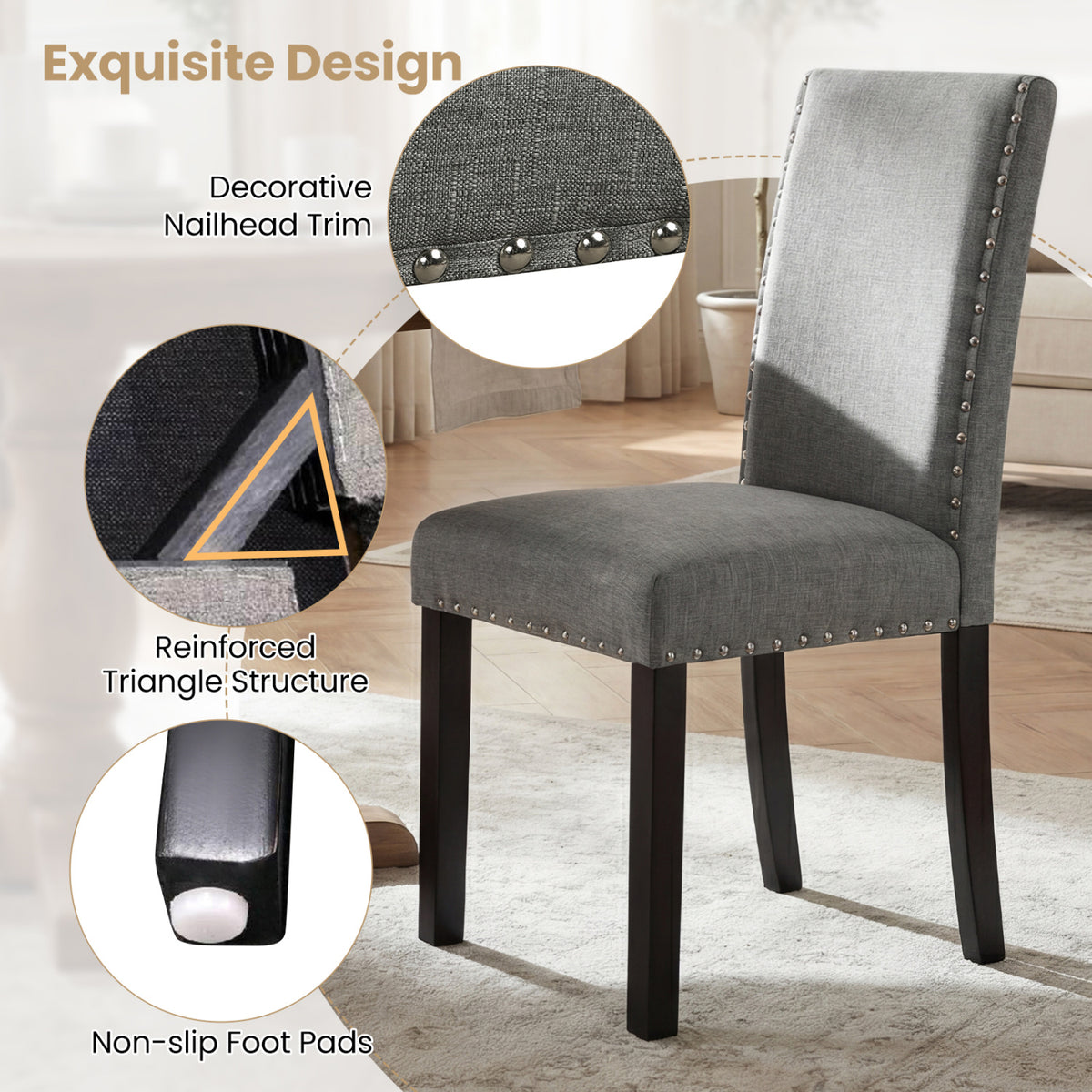 Wooden Dining Chairs Set of 2, Liner Fabric with Bent Wood Legs