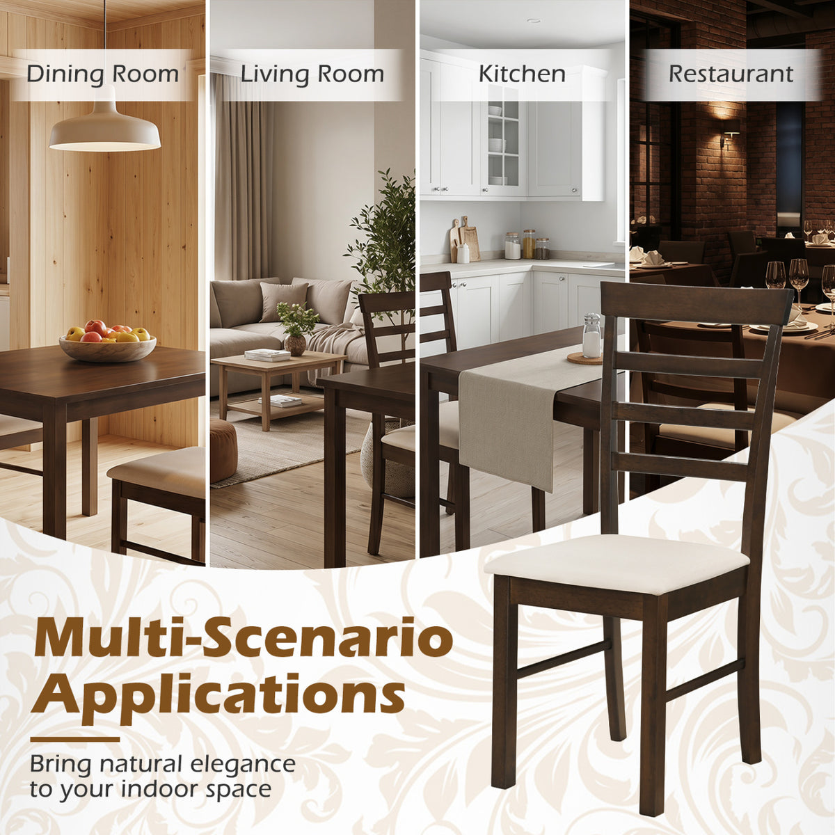 Wooden Dining Chairs Set of 4, Brown - Padded Fabric Cushion