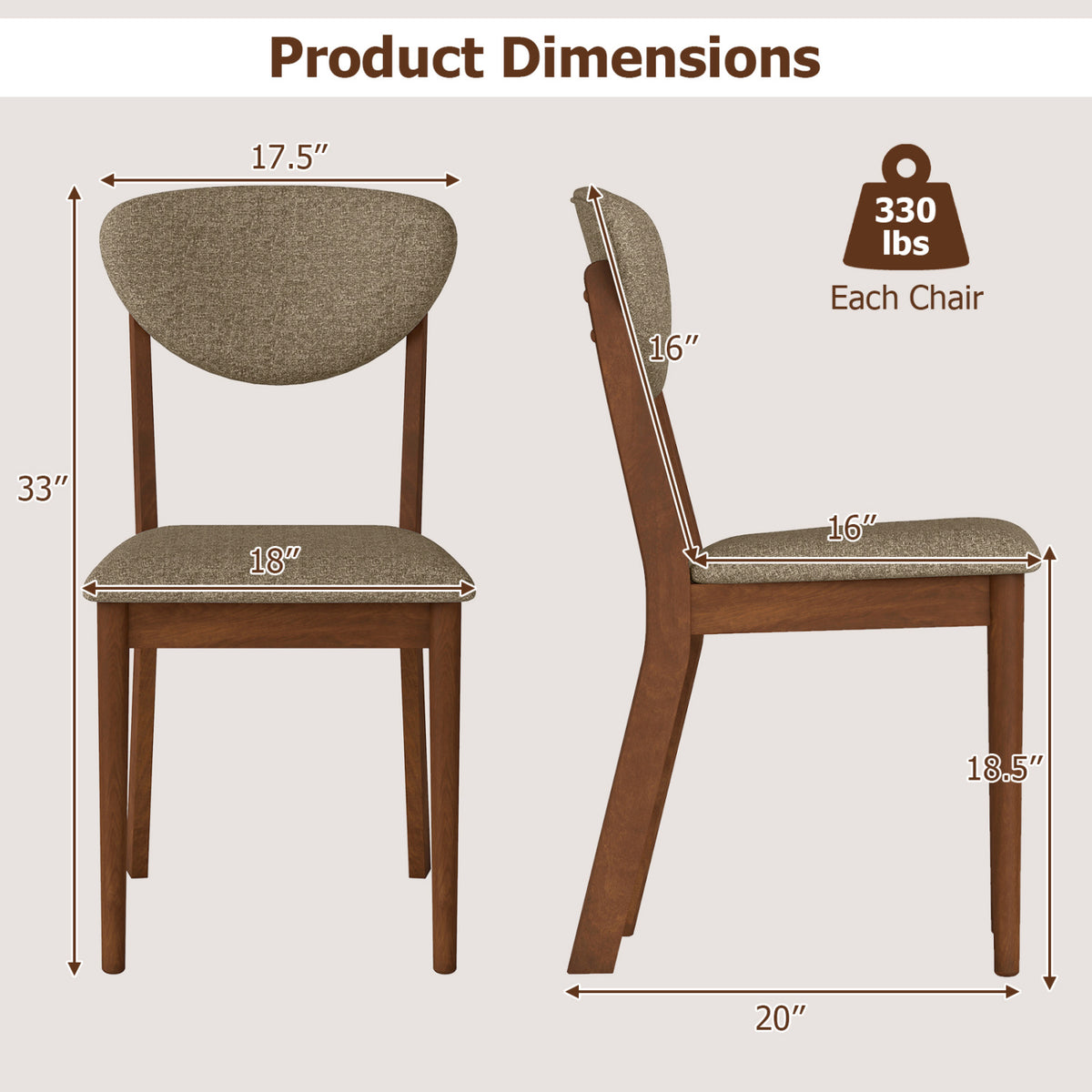 Wooden Dining Chairs Set of 4 - Brown with Padded Seat