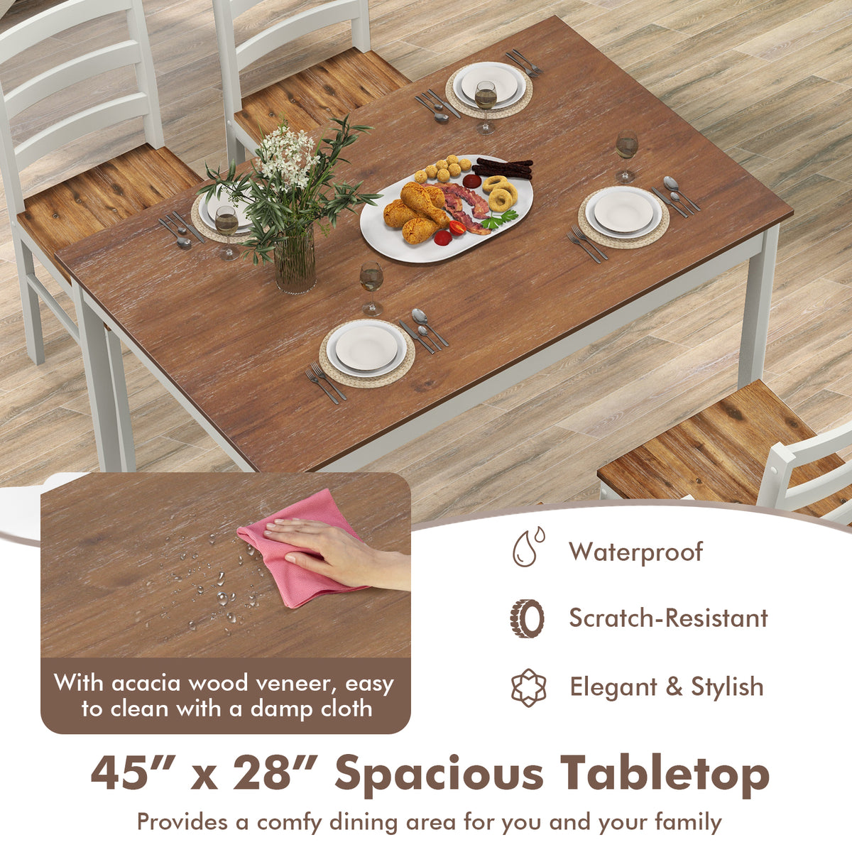 5-Piece Dining Set with Rectangular Table and 4 Chairs – Coffee