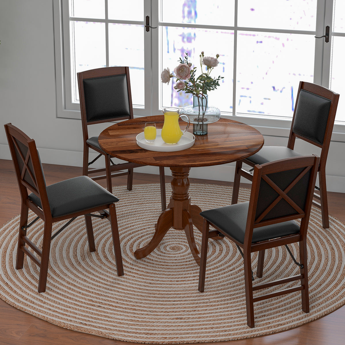 Round Rubber Wood Dining Table with Trestle Legs - Black