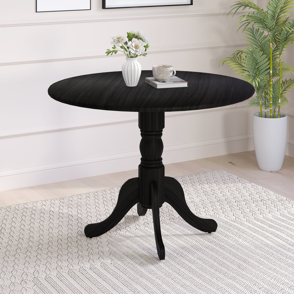 Round Rubber Wood Dining Table with Trestle Legs - Black