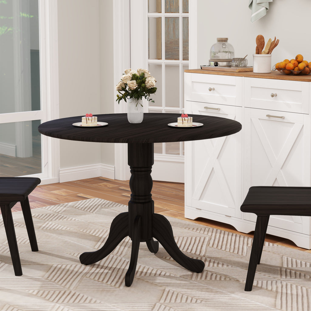 Round Rubber Wood Dining Table with Trestle Legs - Black