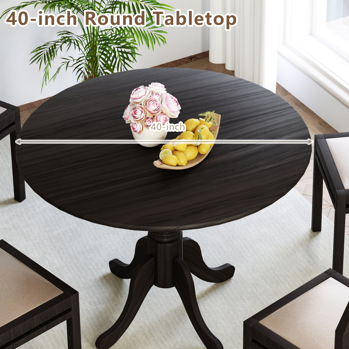 Round Rubber Wood Dining Table with Trestle Legs - Black