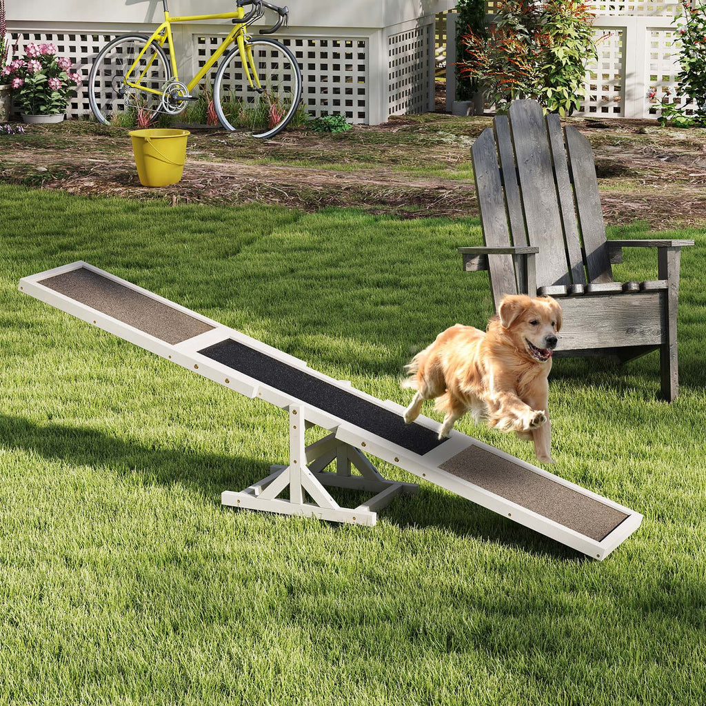 Dog Outdoor Run Game Toy - White Wooden Agility Seesaw for Obstacle Course Training