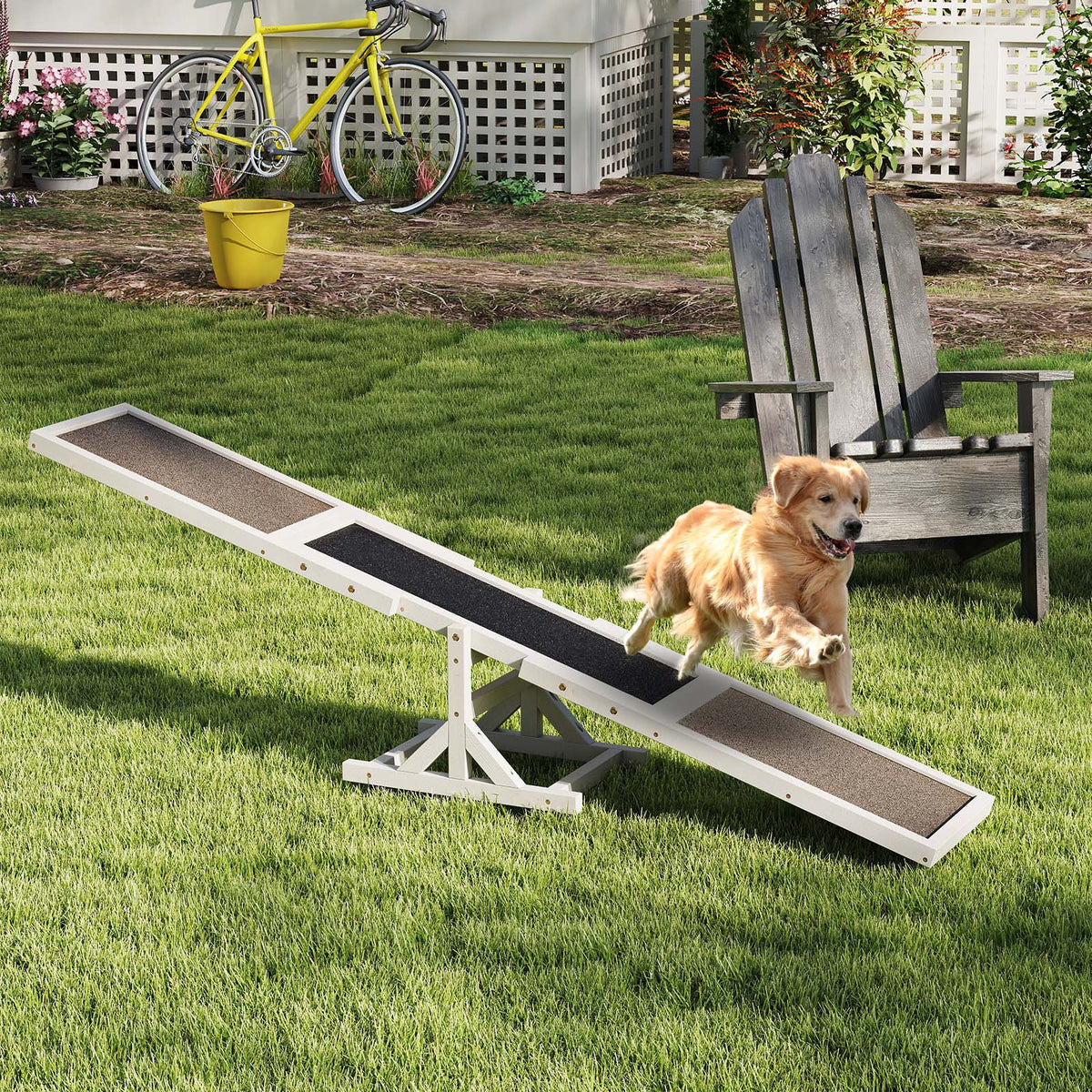 Dog Outdoor Run Game Toy - White Wooden Agility Seesaw for Obstacle Course Training