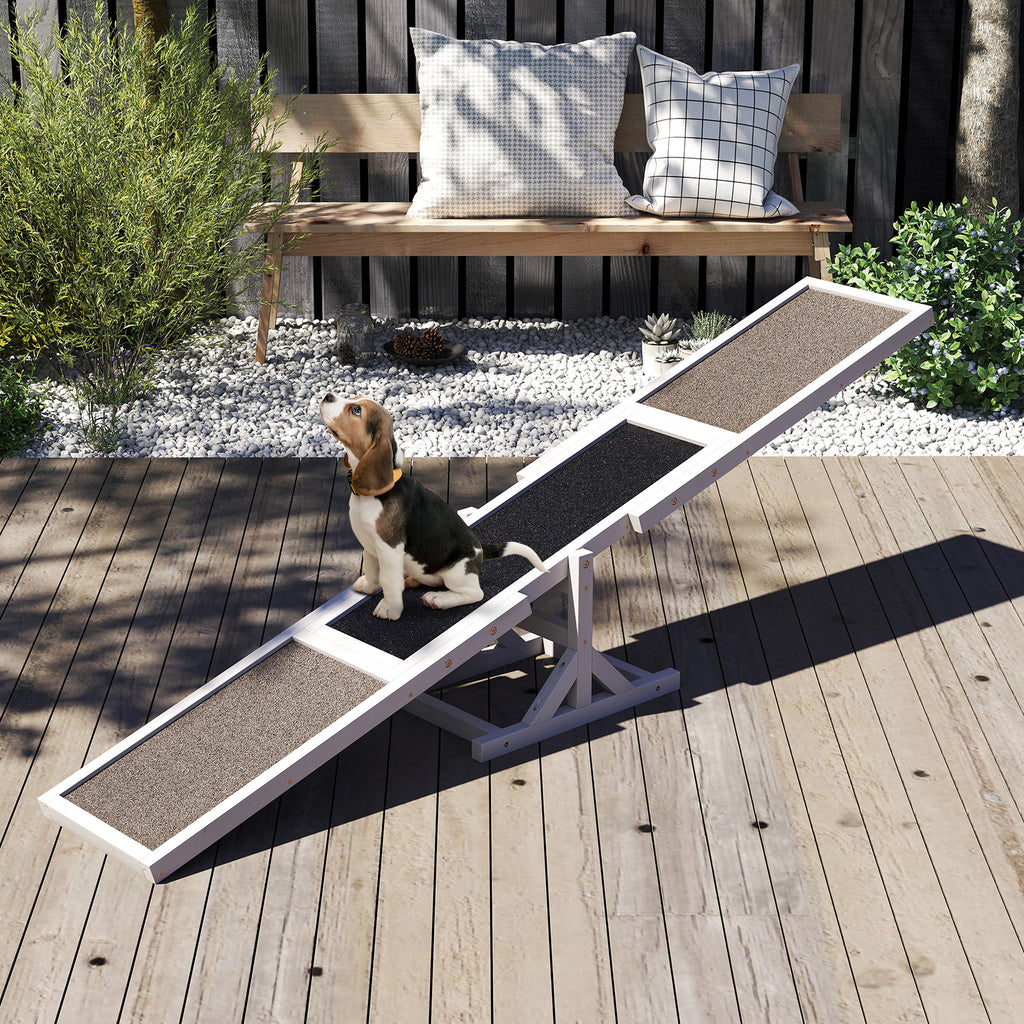 Dog Outdoor Run Game Toy - White Wooden Agility Seesaw for Obstacle Course Training