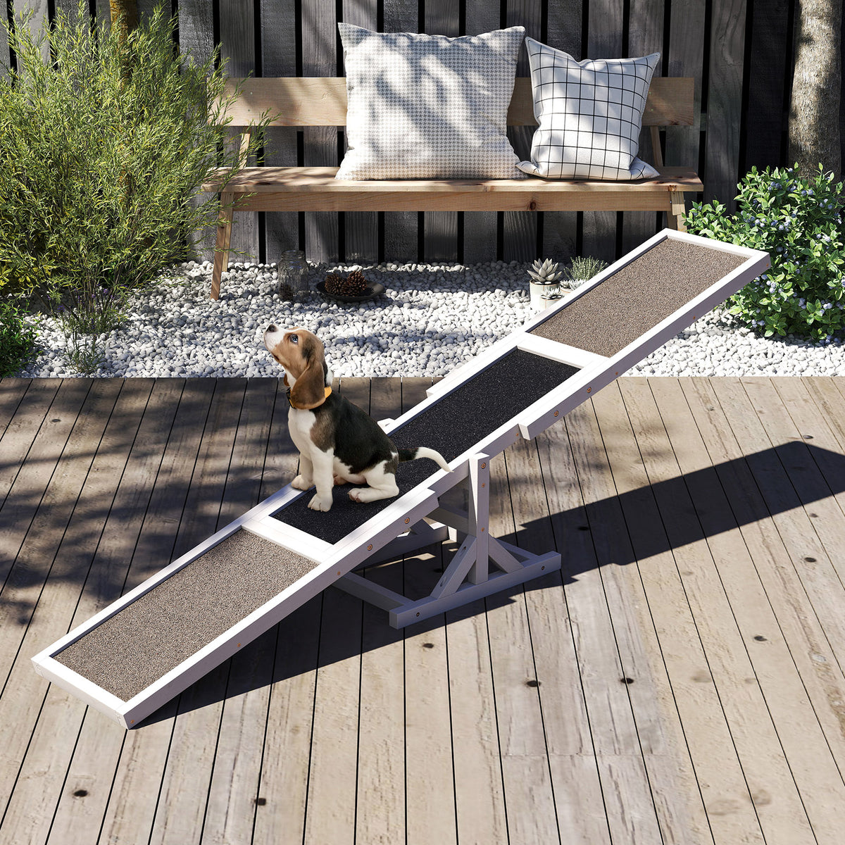 Dog Outdoor Run Game Toy - White Wooden Agility Seesaw for Obstacle Course Training