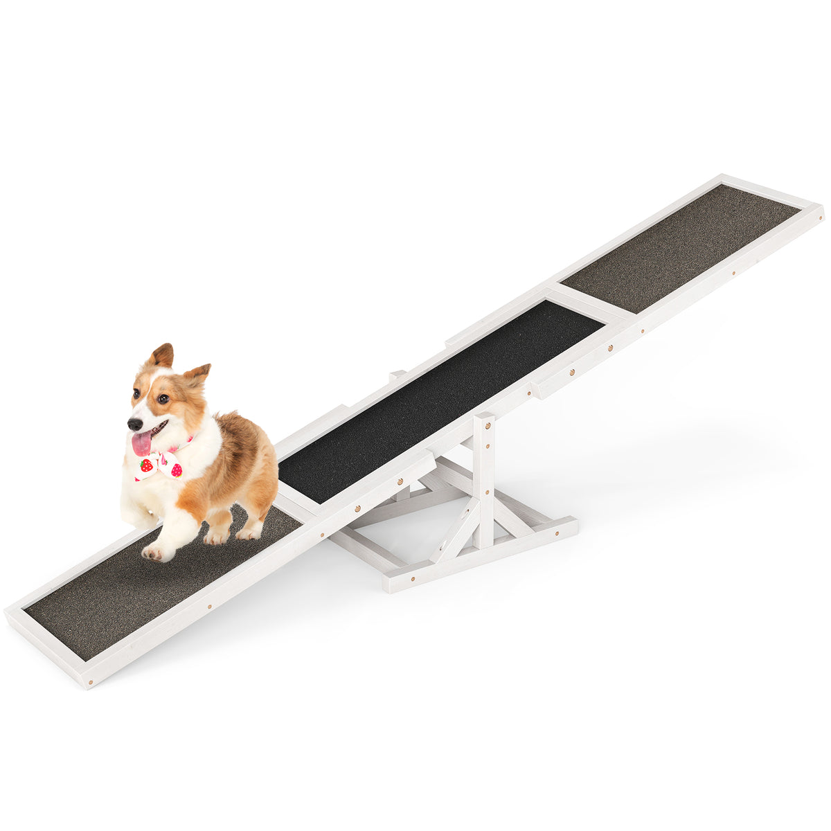 Dog Outdoor Run Game Toy - White Wooden Agility Seesaw for Obstacle Course Training