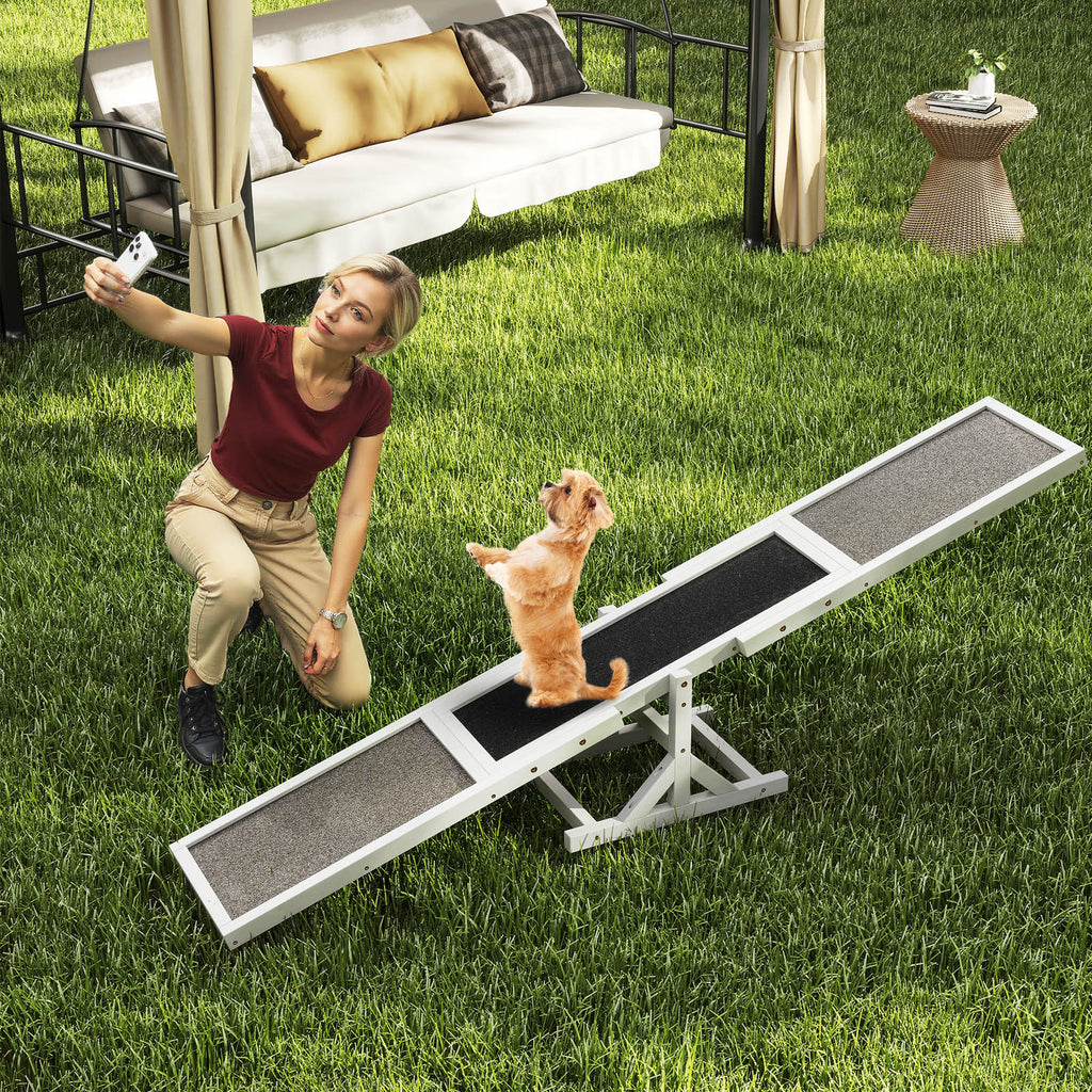 Dog Outdoor Run Game Toy - White Wooden Agility Seesaw for Obstacle Course Training