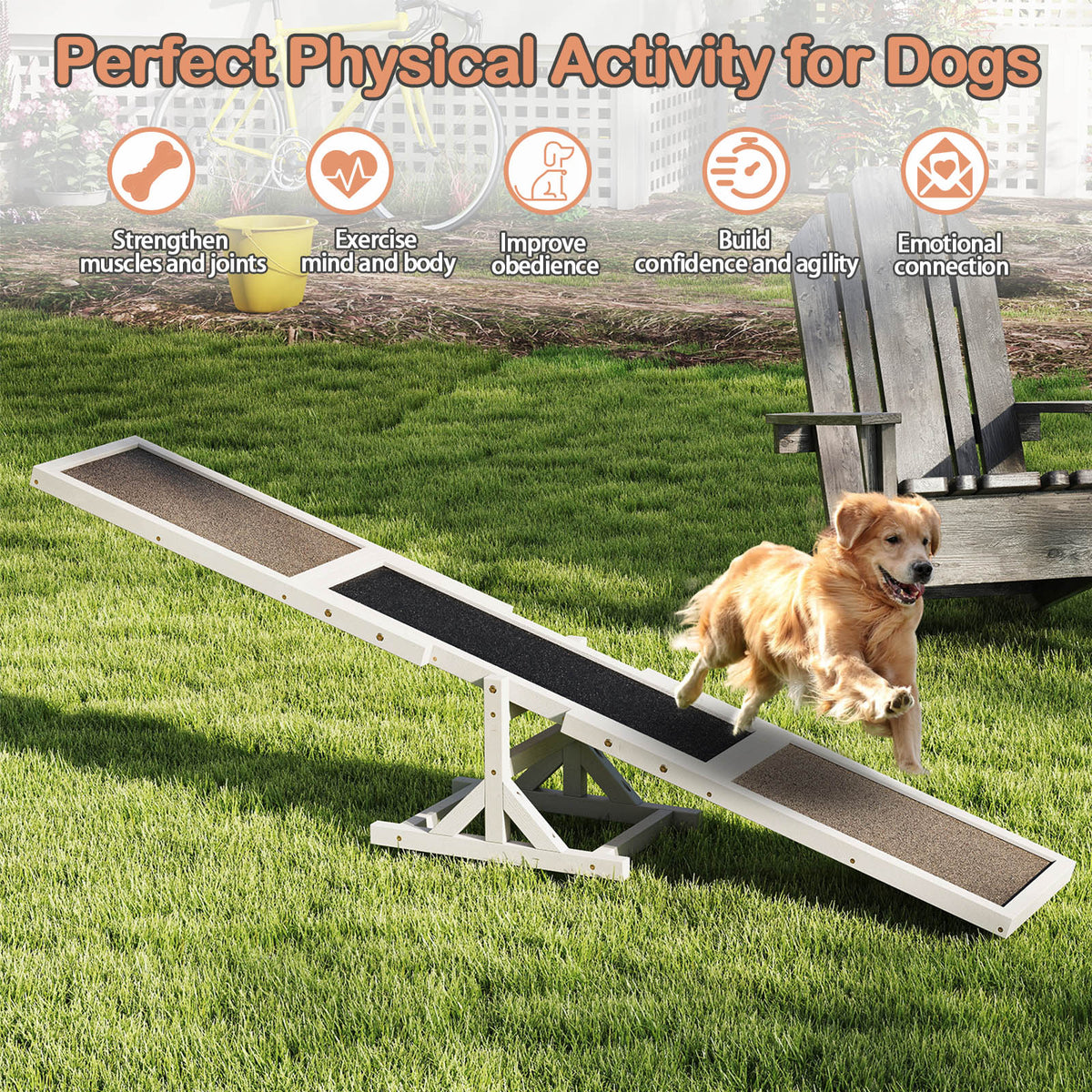Dog Outdoor Run Game Toy - White Wooden Agility Seesaw for Obstacle Course Training