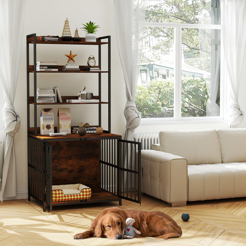 Rustic Brown Wooden Dog Crate Furniture with Storage Shelves & Double Doors