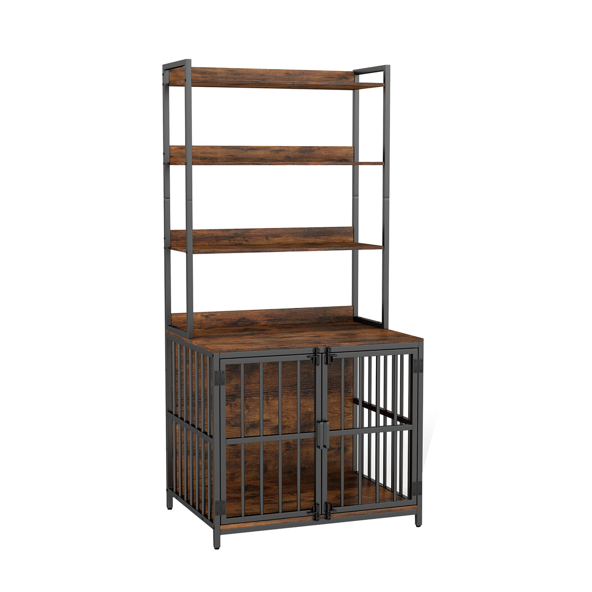 Rustic Brown Wooden Dog Crate Furniture with Storage Shelves & Double Doors