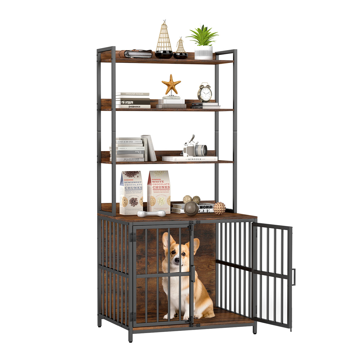 Rustic Brown Wooden Dog Crate Furniture with Storage Shelves & Double Doors