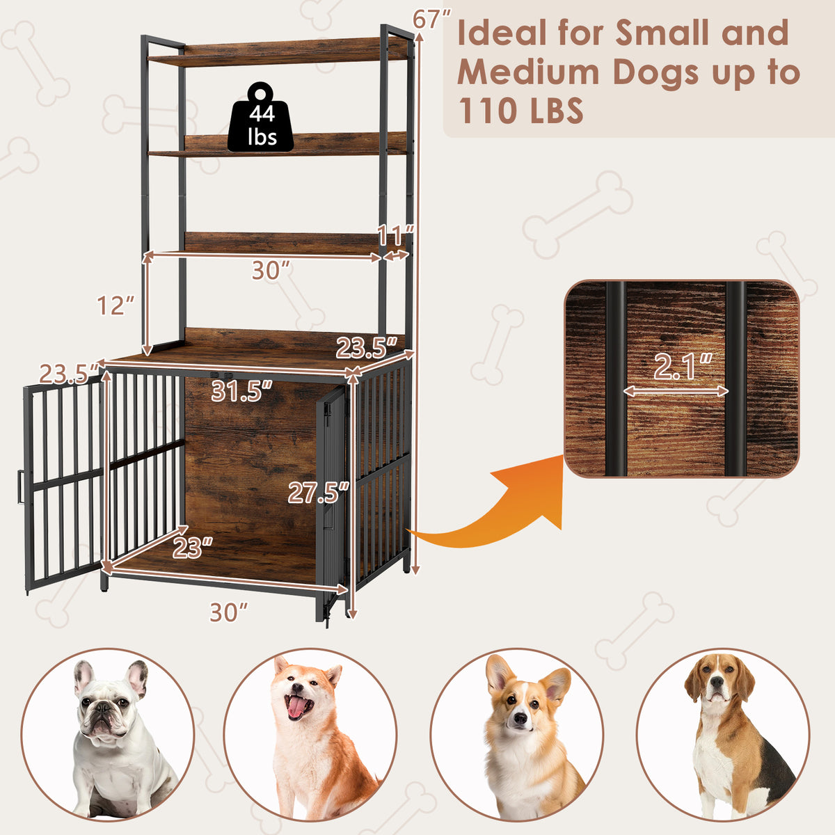 Rustic Brown Wooden Dog Crate Furniture with Storage Shelves & Double Doors