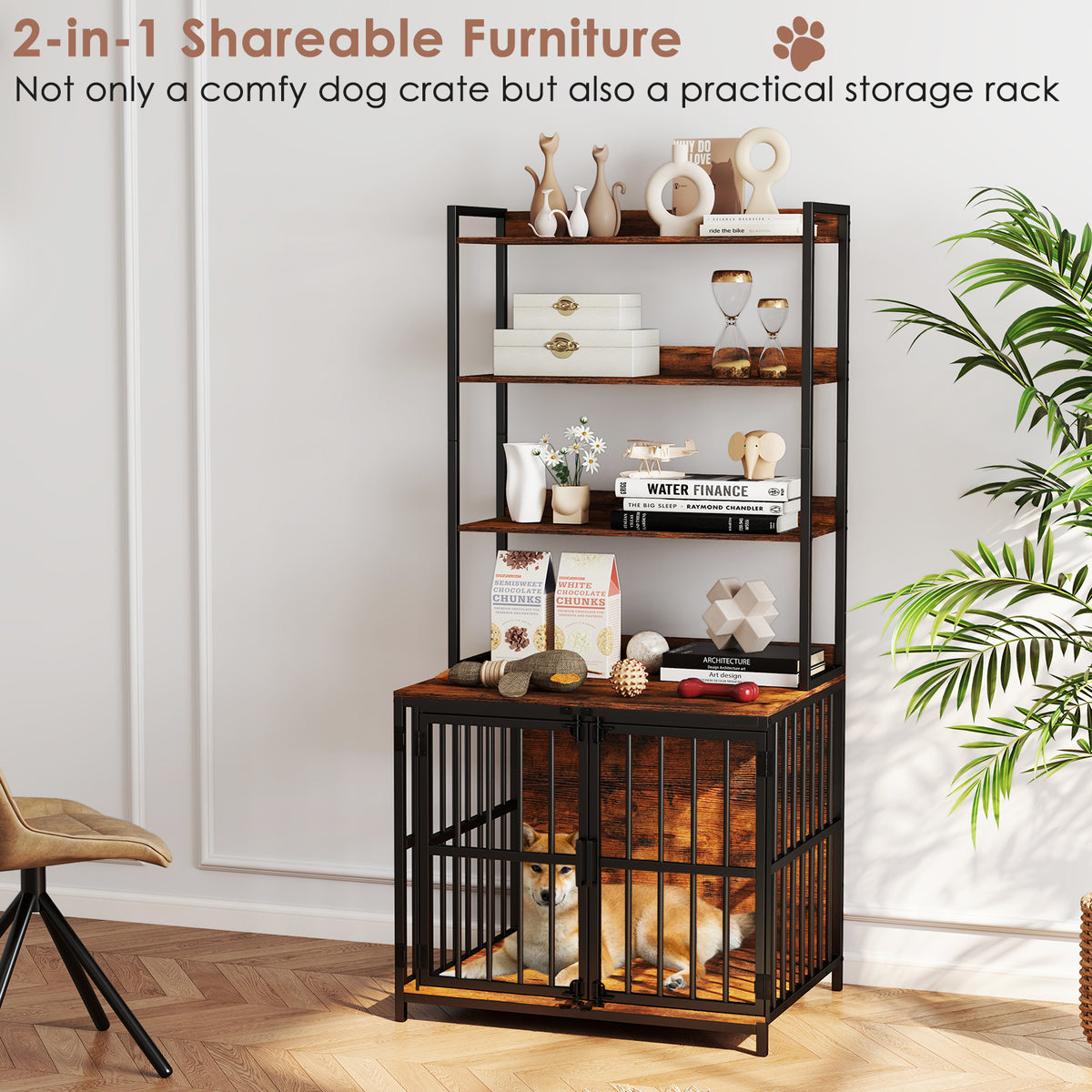Rustic Brown Wooden Dog Crate Furniture with Storage Shelves & Double Doors