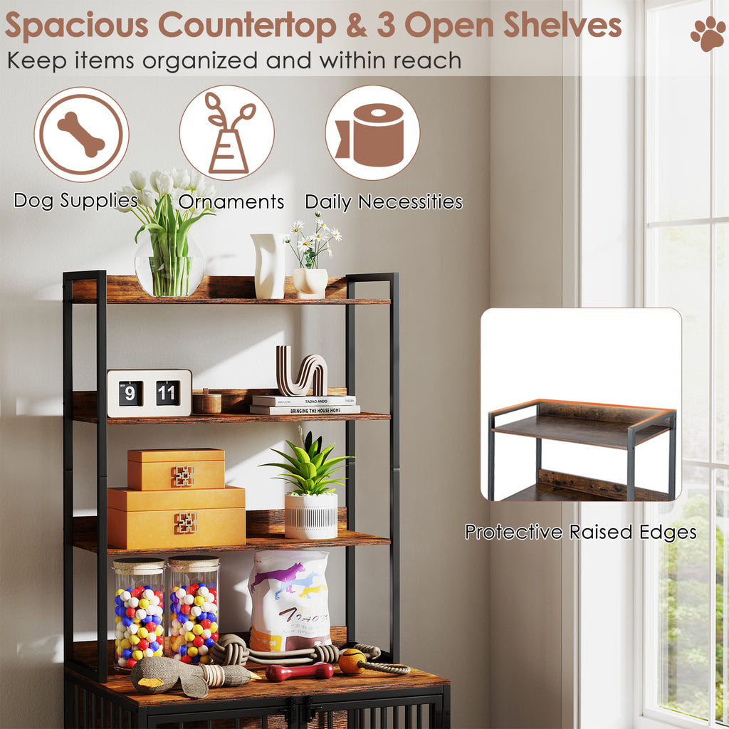 Rustic Brown Wooden Dog Crate Furniture with Storage Shelves & Double Doors