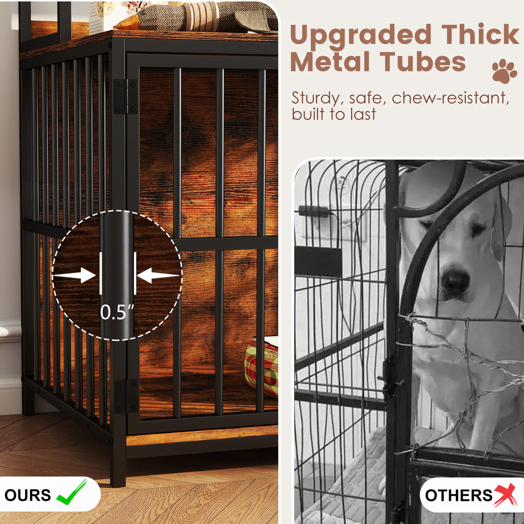 Rustic Brown Wooden Dog Crate Furniture with Storage Shelves & Double Doors