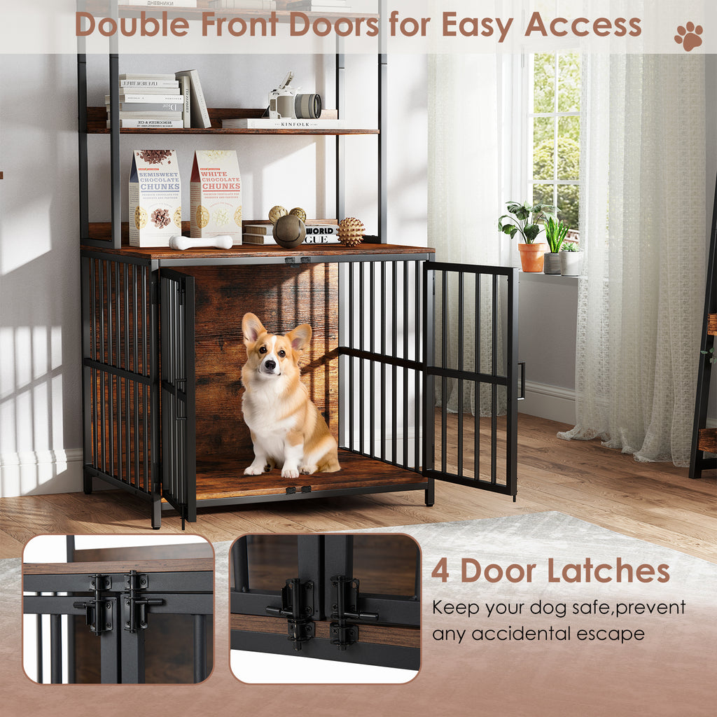 Rustic Brown Wooden Dog Crate Furniture with Storage Shelves & Double Doors
