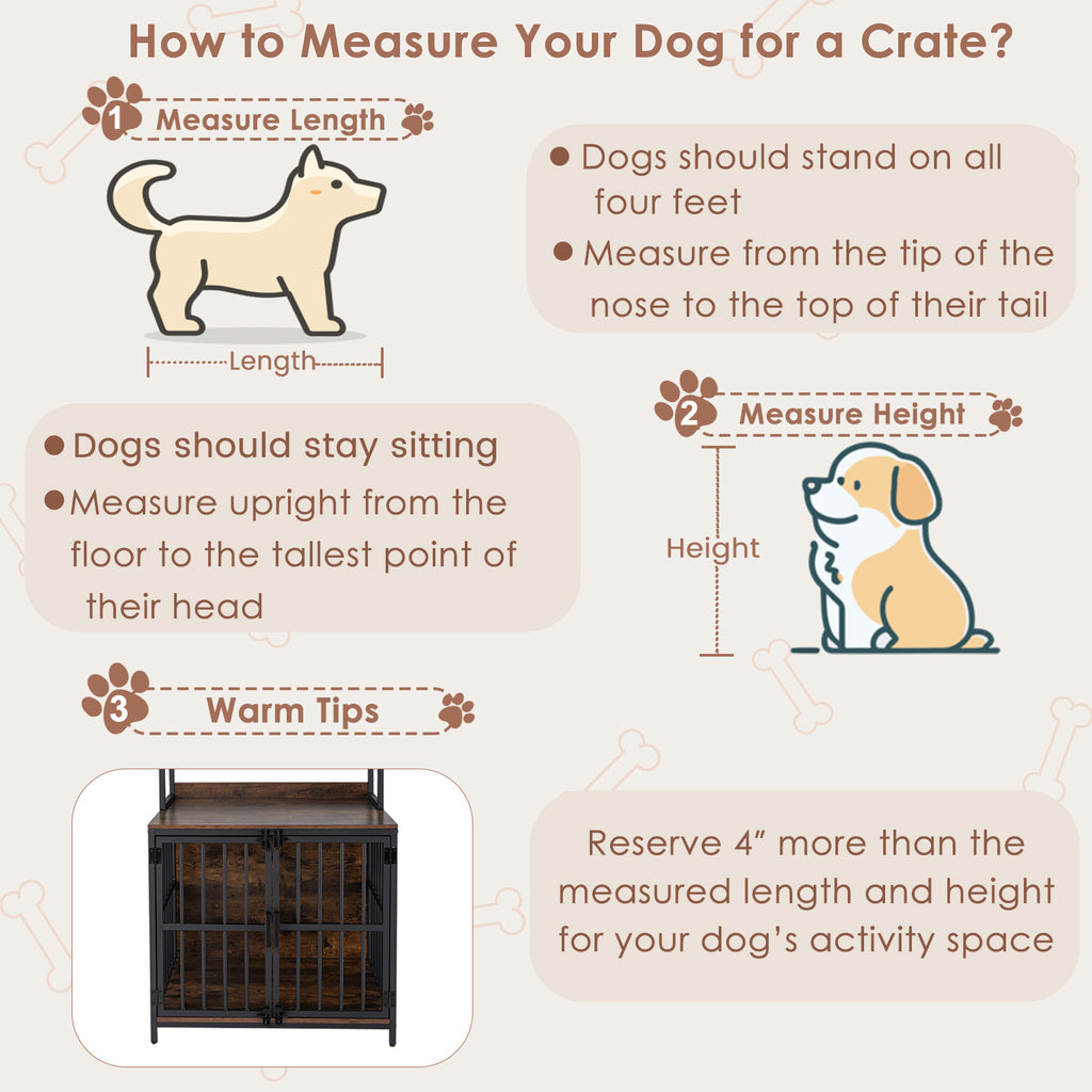 Rustic Brown Wooden Dog Crate Furniture with Storage Shelves & Double Doors