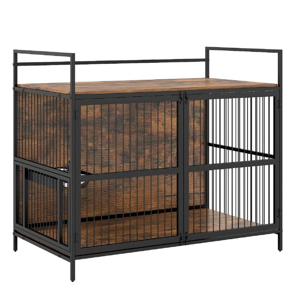 Wooden Dog Crate Furniture with Swivel Feeding Holder for Medium Dogs - Brown