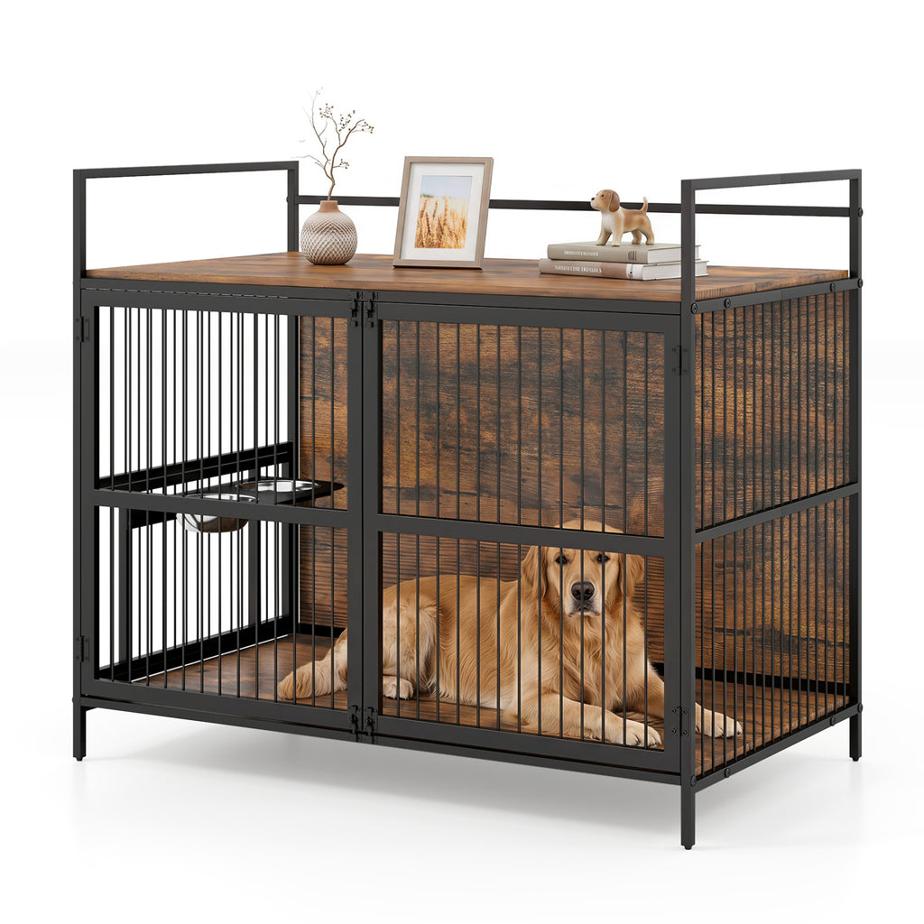 Wooden Dog Crate Furniture with Swivel Feeding Holder for Medium Dogs - Brown